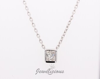 Gorgeous 0.40 CT Natural Square Diamond Bezel Solitaire Pendant on 14k White Gold Chain, Birthday - Anniversary - Christmas Gift