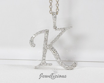 Diamond Initial Pendant - Custom K Initial Letter Pendant - Natural Diamonds - Available in 10K and 14K Solid Gold all gold colors - Style 1