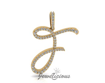 Diamond Initial Pendant - Custom F Initial Letter Pendant - Natural Diamonds - Available in 10K and 14K Solid Gold all gold colors - Style 4
