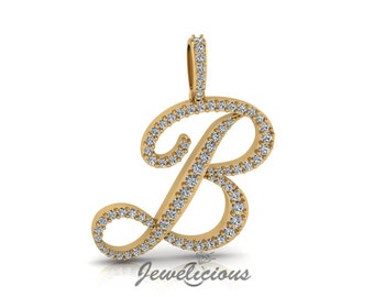 Diamond Initial Pendant - Custom B Initial Letter Pendant - Natural Diamonds - Available in 10K and 14K Solid Gold all gold colors - Style 2