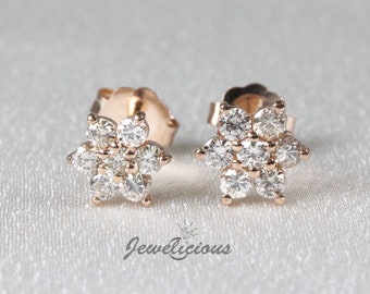 Gorgeous 0.33 ct Natural Diamonds 6 mm Small Cluster Flower Stud Earrings in 14K Rose Gold