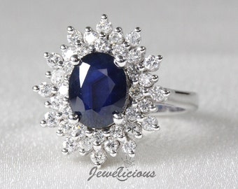 Fabulous 3.42 TCW Natural Oval Sapphire and Diamonds Cluster Luxury Ring in 14K White Gold, Engagement - Anniversary -Birthday Gift