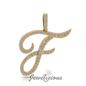 Pingente com inicial de diamante - Pingente com letra inicial F personalizado - Diamantes naturais - Disponível em ouro maciço 10K e 14K em todas as cores douradas - Estilo 2
