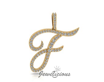 Diamond Initial Pendant - Custom F Initial Letter Pendant - Natural Diamonds - Available in 10K and 14K Solid Gold all gold colors - Style 2