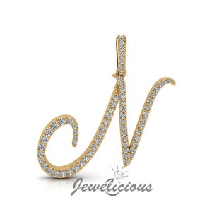 Pingente com inicial de diamante - Pingente com letra inicial N personalizado - Diamantes naturais - Disponível em ouro maciço 10K e 14K em todas as cores douradas - Estilo 5