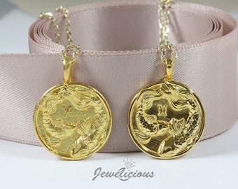 10k or 14k Solid Gold Pisces Zodiac Pendant / Pisces Horoscope Medallion / Unique Pisces Round Pendant 14K Solid Gold.
