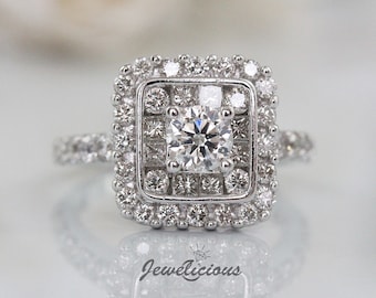 Fabulous 1.65 TCW Natural Diamonds Square Illusion Halo Engagement / Cocktail Ring 14K White Gold, Anniversary - Engagement - Birthday Gift