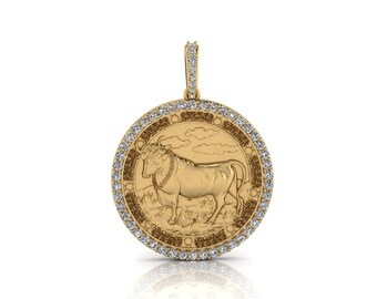Taurus Zodiac Coin Necklace/ Taurus Horoscope Medallion/Unique Taurus Round Pendant with Natural Diamonds 14K Solid Gold, Sold Without Chain