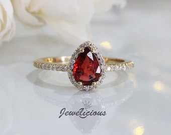 Unique 1.26 ct Natural Red Ruby and Diamonds Pear Halo Cocktail Ring in 14K Yellow Gold, Engagement - Anniversary -Birthday Gift