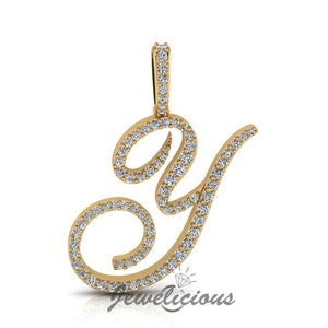 Pingente com inicial de diamante - Pingente com letra inicial Y personalizado - Diamantes naturais - Disponível em ouro maciço 10K e 14K em todas as cores douradas - Estilo 2