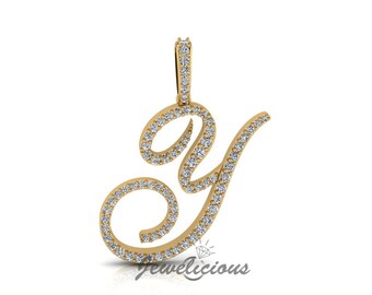 Diamond Initial Pendant - Custom Y Initial Letter Pendant - Natural Diamonds - Available in 10K and 14K Solid Gold all gold colors - Style 2