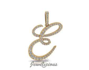 Diamond Initial Pendant - Custom E Initial Letter Pendant - Natural Diamonds - Available in 10K and 14K Solid Gold all gold colors - Style 2