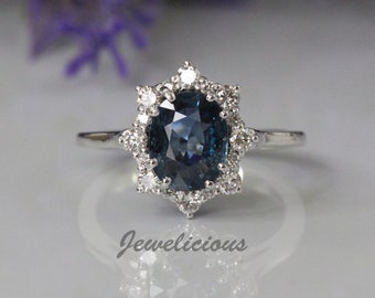 Unique Design 2.41 ct Natural Diamonds and Oval Blue Sapphire Halo Cocktail Ring in 14K White Gold, Engagement - Anniversary -Birthday Gift