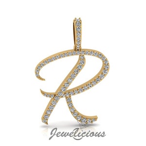 Pingente com inicial de diamante - Pingente com letra inicial R personalizado - Diamantes naturais - Disponível em ouro maciço 10K e 14K em todas as cores douradas - Estilo 1