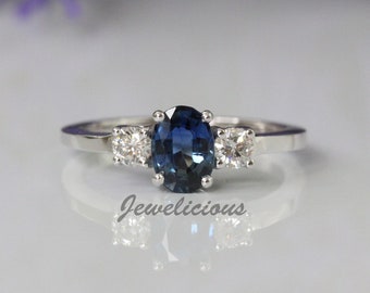 Stunning 1.17 ct Natural Diamonds and Oval Blue Sapphire Three Stones Band Ring in 14K White Gold, Engagement - Anniversary -Birthday Gift