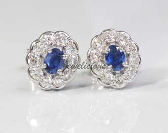 Gorgeous 0.83 ct Natural Oval Blue Sapphire & Diamonds Cluster Flower Stud Earrings in 14K White Gold, Perfect Gift for Her.