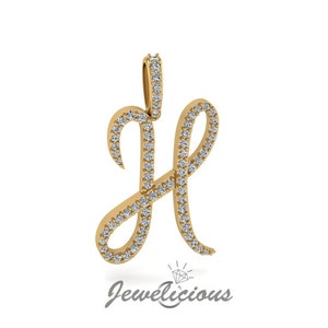 Pingente com inicial de diamante - Pingente com letra inicial H personalizado - Diamantes naturais - Disponível em ouro maciço 10K e 14K em todas as cores douradas - Estilo 2