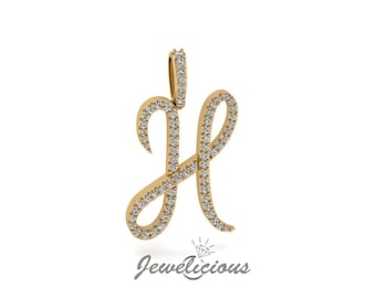 Diamond Initial Pendant - Custom H Initial Letter Pendant - Natural Diamonds - Available in 10K and 14K Solid Gold all gold colors - Style 2