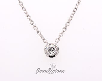 Gorgeous 0.25 CT Natural Round Diamond Bezel Solitaire Pendant on 14k White Gold Chain, Birthday - Anniversary - Christmas Gift