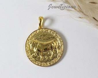 14k solid gold Taurus Zodiac Coin Pendant - Taurus Horoscope Medallion - 10k or 14k solid gold