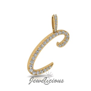 Pingente com inicial de diamante - Pingente com letra inicial C personalizado - Diamantes naturais - Disponível em ouro maciço 10K e 14K em todas as cores douradas - Estilo 3