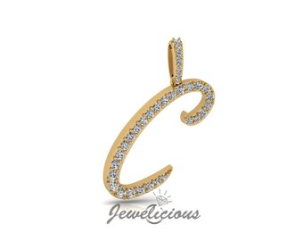 Diamond Initial Pendant - Custom C Initial Letter Pendant - Natural Diamonds - Available in 10K and 14K Solid Gold all gold colors - Style 3