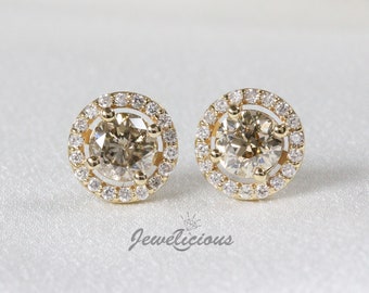 Natural Champagne Round Diamonds 8 mm Round Halo Stud Earrings in 14K Yellow Gold, Perfect Gift for Birthday - Valentine's - Anniversary
