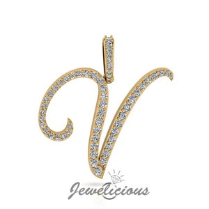 Pingente com inicial de diamante - Pingente com letra inicial em V personalizado - Diamantes naturais - Disponível em ouro maciço 10K e 14K em todas as cores douradas - Estilo 1
