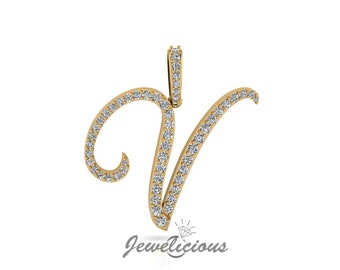 Diamond Initial Pendant - Custom V Initial Letter Pendant - Natural Diamonds - Available in 10K and 14K Solid Gold all gold colors - Style 1