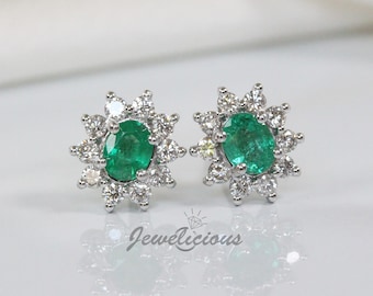 Gorgeous 0.92 CTW Natural Oval Green Emerald & Diamonds Cluster Flower Stud Earrings in 14K White Gold, Anniversary -Birthday Gift