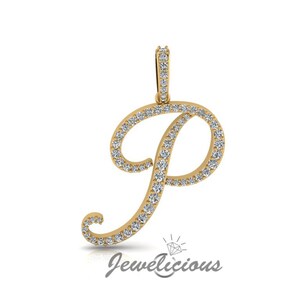 Pingente com inicial de diamante - Pingente com letra inicial P personalizado - Diamantes naturais - Disponível em ouro maciço 10K e 14K em todas as cores douradas - Estilo 1