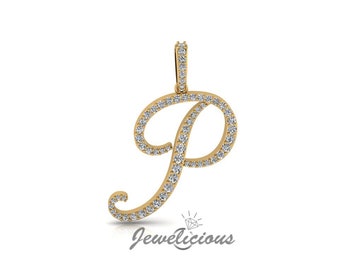 Diamond Initial Pendant - Custom P Initial Letter Pendant - Natural Diamonds - Available in 10K and 14K Solid Gold all gold colors - Style 1