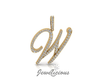 Diamond Initial Pendant - Custom W Initial Letter Pendant - Natural Diamonds - Available in 10K and 14K Solid Gold all gold colors - Style 1
