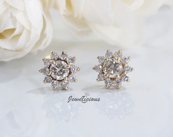 Gorgeous 0.95ct Natural Diamonds Cluster Flower Stud Earrings in 14K Yellow Gold, Perfect Gift for Her.