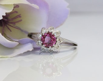 Unique Design 1 ct Natural Unheated Pink Tourmaline and Diamonds Cocktail Flower Ring in 14K White Gold, Anniversary -Birthday Gift