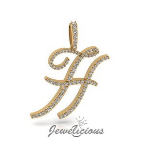 Pingente com inicial de diamante - Pingente com letra inicial H personalizado - Diamantes naturais - Disponível em ouro maciço 10K e 14K em todas as cores douradas - Estilo 3