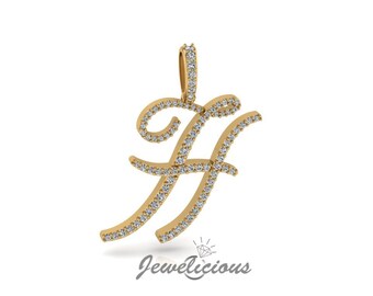 Diamond Initial Pendant - Custom H Initial Letter Pendant - Natural Diamonds - Available in 10K and 14K Solid Gold all gold colors - Style 3