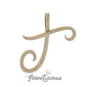 Pingente com inicial de diamante - Pingente com letra inicial T personalizado - Diamantes naturais - Disponível em ouro maciço 10K e 14K em todas as cores douradas - Estilo 3