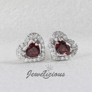 Natural Red Ruby and Diamonds Heart Shape Halo Stud Earrings in 14K White Gold, Perfect Gift for Birthday - Valentine's - Anniversary