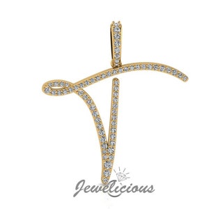 Pingente com inicial de diamante - Pingente com letra inicial T personalizado - Diamantes naturais - Disponível em ouro maciço 10K e 14K em todas as cores douradas - Estilo 4