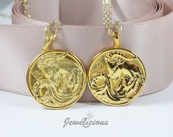 10k / 14k Capricorn Zodiac Pendant / Capricorn Horoscope Sign Medallion / Capricorn Round Coin sold without chain.