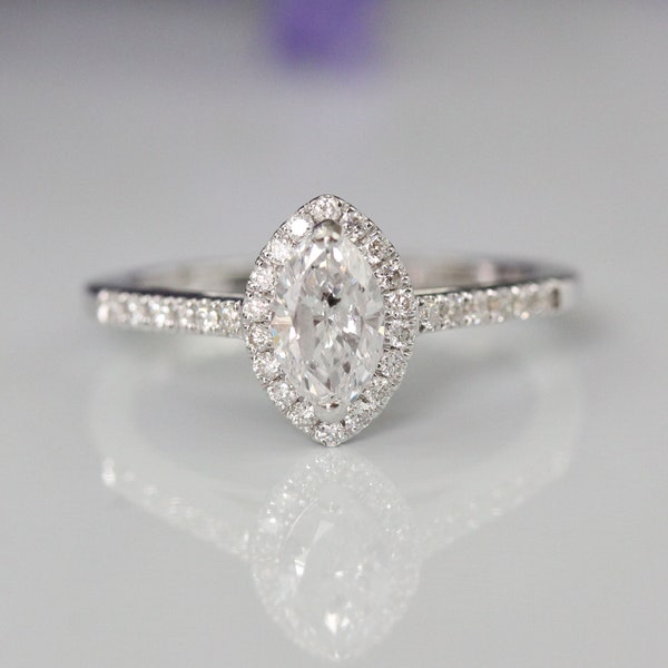 Stunning Marquise Shape 0.80ct Natural Diamonds Luxury Halo Engagement Ring in 14K White Gold