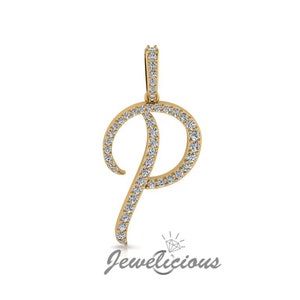 Pingente com inicial de diamante - Pingente com letra inicial P personalizado - Diamantes naturais - Disponível em ouro maciço 10K e 14K em todas as cores douradas - Estilo 2