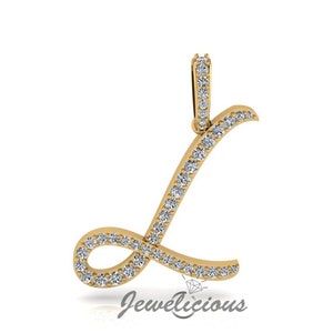 Pingente com inicial de diamante - Pingente com letra inicial L personalizado - Diamantes naturais - Disponível em ouro maciço 10K e 14K em todas as cores douradas - Estilo 4