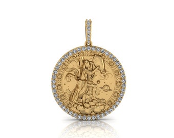 Aquarius Zodiac Coin Necklace/ Aquarius Horoscope Medallion/Unique Aquarius Round Pendant with Diamonds 14K Solid Gold, Sold Without Chain