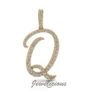 Pingente com inicial de diamante - Pingente com letra inicial Q personalizado - Diamantes naturais - Disponível em ouro maciço 10K e 14K em todas as cores douradas - Estilo 4