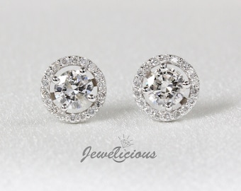 Natural Round Diamonds 8 mm Round Halo Stud Earrings in 14K White Gold, Perfect Gift for Birthday - Valentine's - Anniversary