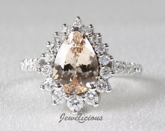 Unique 2.7 TCW Natural Pear Morganite and Diamonds Halo Luxury Ring in 14K White Gold, Engagement - Anniversary -Birthday Gift