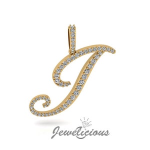 Pingente com inicial de diamante - Pingente com letra inicial J personalizado - Diamantes naturais - Disponível em ouro maciço 10K e 14K em todas as cores douradas - Estilo 4