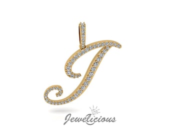 Diamond Initial Pendant - Custom J Initial Letter Pendant - Natural Diamonds - Available in 10K and 14K Solid Gold all gold colors - Style 4